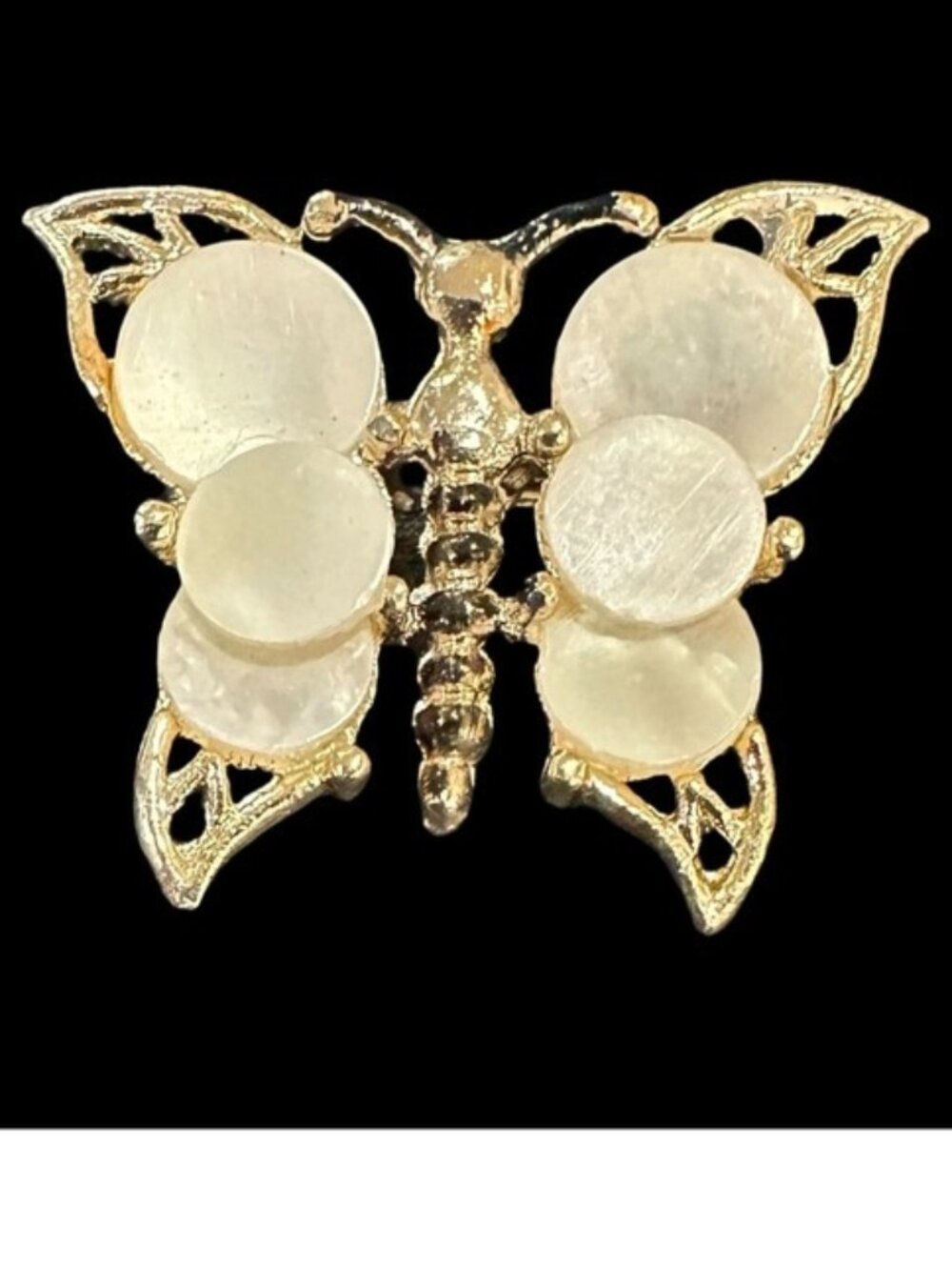 Gold Butterfly Brooch With Round Shell Accents Vintage Style Pin Elegant Jewelry